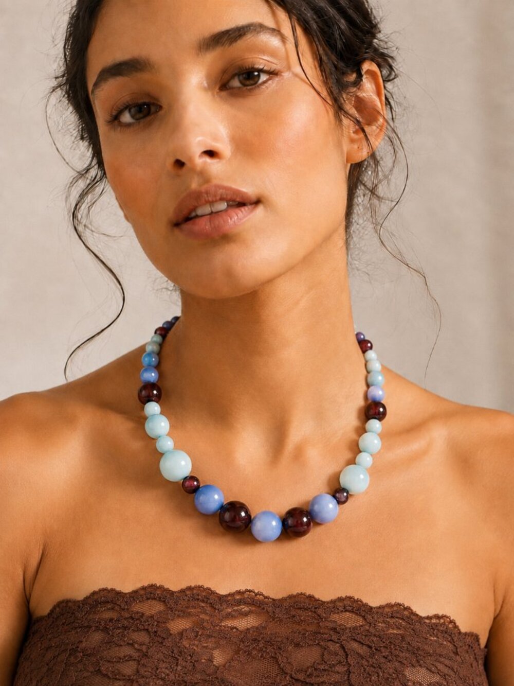 Vintage Pastel Beaded Chunky Boho Necklace Brown Blue Mint